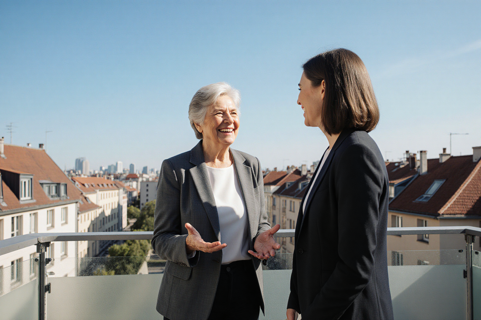 Besichtigungsgespräch auf einer Dachterrasse mit Stadtpanorama