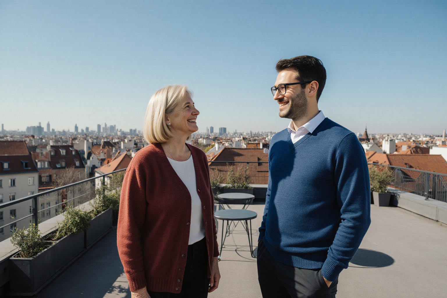 Gespräch auf einer urbanen Dachterrasse mit Stadtblick