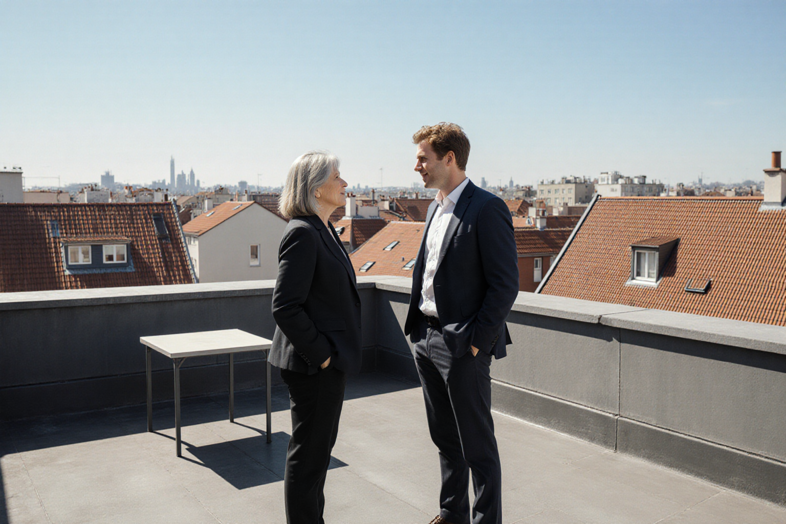 Besichtigungsgespräch auf der Dachterrasse mit Ziegeldächerpanorama